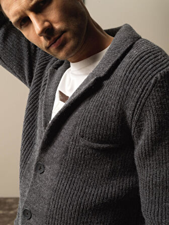 Xint Koyu Gri Dokulu Doğal Yün Dokulu Regular Fit Triko Ceket