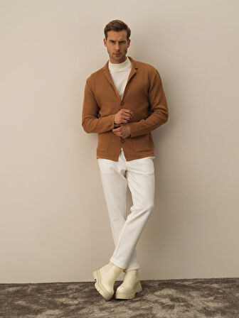 Xint Camel Dokulu Pamuk Dokulu Regular Fit Triko Ceket