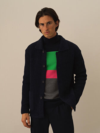 Xint Lacivert Doğal Yün Dokulu Regular Fit Triko Ceket