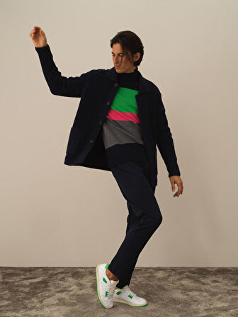 Xint Lacivert Doğal Yün Dokulu Regular Fit Triko Ceket