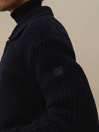 Xint Lacivert Doğal Yün Dokulu Regular Fit Triko Ceket