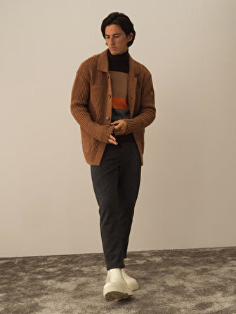 Xint Camel Doğal Yün Dokulu Regular Fit Triko Ceket