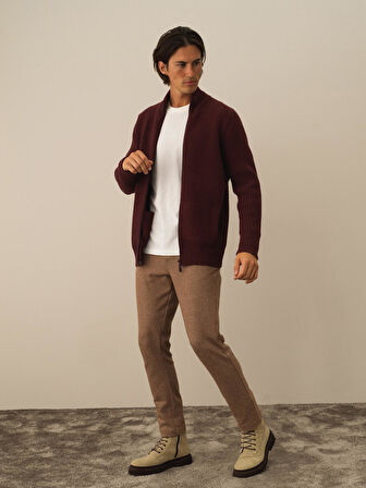 Xint Bordo Doğal Yün Dokulu Regular Fit Hırka