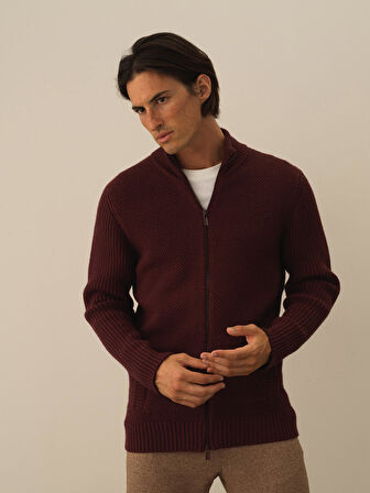 Xint Bordo Doğal Yün Dokulu Regular Fit Hırka