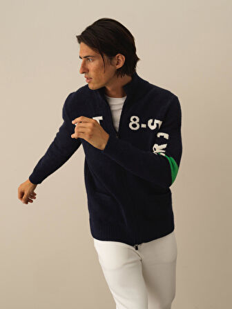 Xint Lacivert Doğal Yün Dokulu Regular Fit Hırka