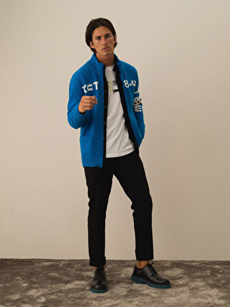 Xint Mavi Doğal Yün Dokulu Regular Fit Hırka