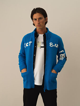 Xint Mavi Doğal Yün Dokulu Regular Fit Hırka