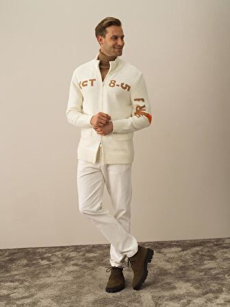 Xint Ekru Doğal Yün Dokulu Regular Fit Hırka