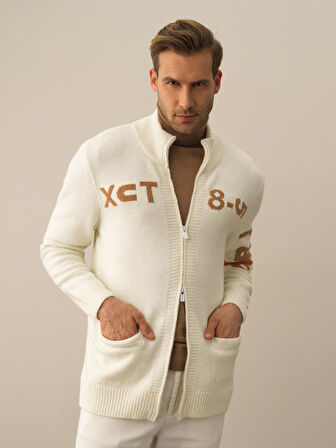 Xint Ekru Doğal Yün Dokulu Regular Fit Hırka