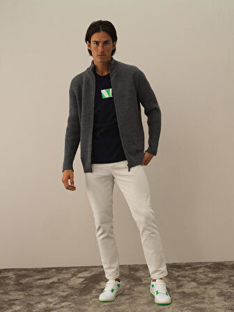 Xint Koyu Gri Doğal Yün Dokulu Regular Fit Hırka