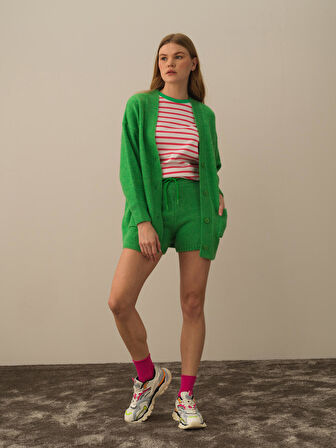 Xint Yeşil Lüks Pamuk Dokulu Oversize Hırka