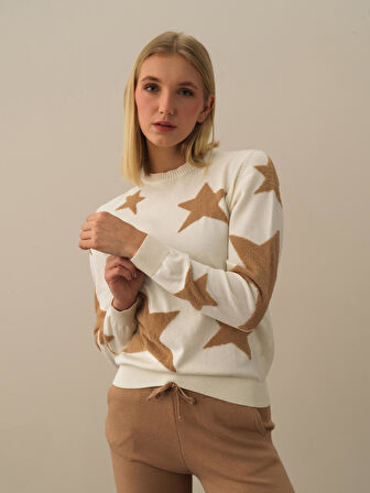 Xint Kırık Beyaz Pamuk Dokulu Regular Fit Kazak