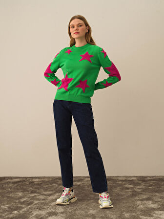 Xint Yeşil Pamuk Dokulu Regular Fit Kazak