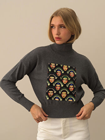 Xint Koyu Gri Pamuk Dokulu Oversize Kazak