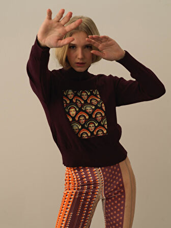 Xint Bordo Pamuk Dokulu Oversize Kazak