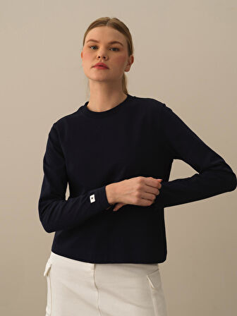 Xint Lacivert Pamuk Dokulu Regular Fit Uzun Kollu Tişört