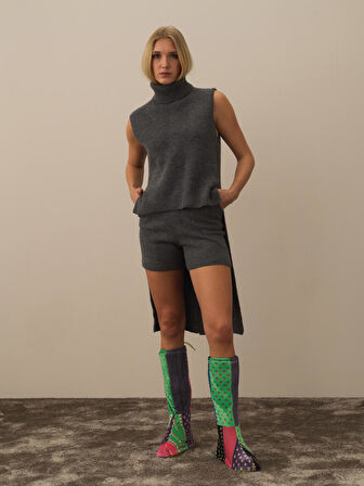 Xint Koyu Gri Doğal Yün Dokulu Regular Fit Yelek