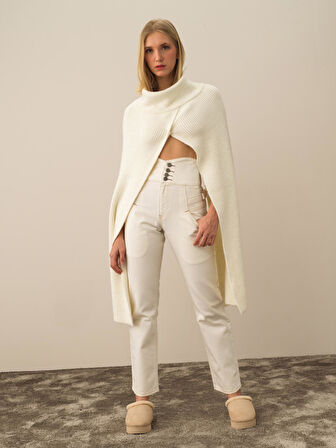 Xint Ekru Doğal Yün Dokulu Regular Fit Pelerin