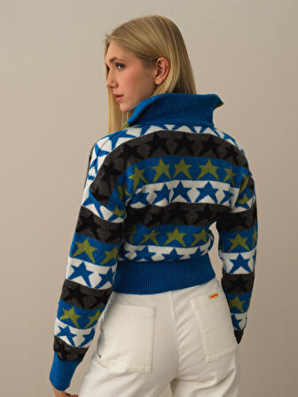 Xint Mavi Lüks Pamuk Dokulu Oversize Kazak