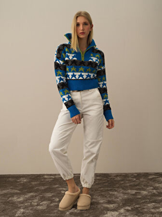 Xint Mavi Lüks Pamuk Dokulu Oversize Kazak