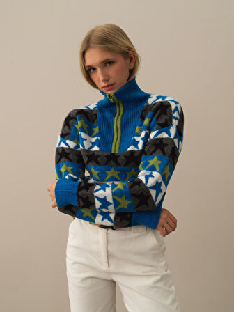 Xint Mavi Lüks Pamuk Dokulu Oversize Kazak