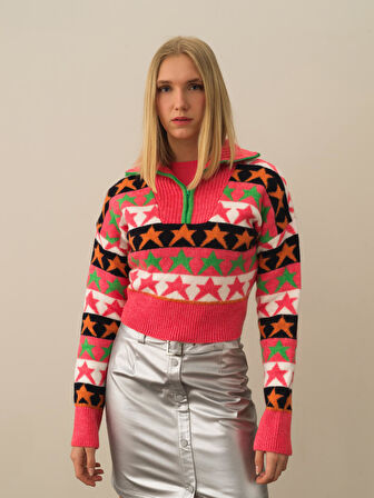 Xint Pembe Lüks Pamuk Dokulu Oversize Kazak