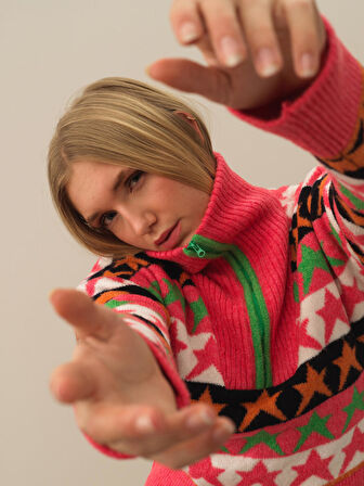 Xint Pembe Lüks Pamuk Dokulu Oversize Kazak