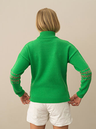 Xint Yeşil Doğal Yün Dokulu Oversize Kazak