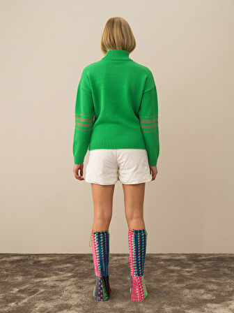 Xint Yeşil Doğal Yün Dokulu Oversize Kazak