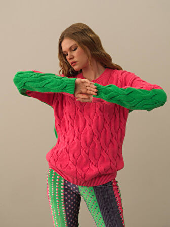 Xint Pembe Doğal Yün Dokulu Oversize Kazak