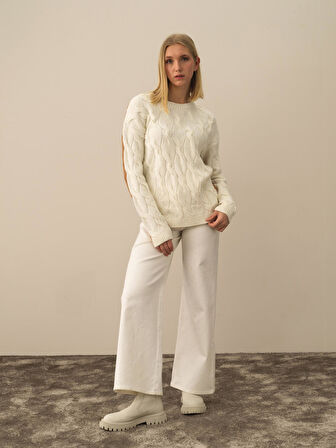 Xint Ekru Doğal Yün Dokulu Oversize Kazak