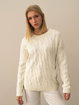 Xint Ekru Doğal Yün Dokulu Oversize Kazak