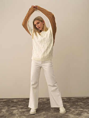 Xint Ekru Doğal Yün Dokulu Oversize Kazak