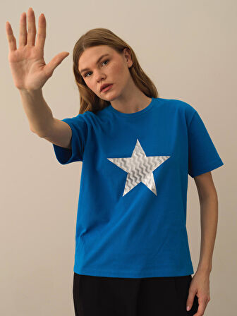 Xint Mavi Pamuk Dokulu Oversize Tişört