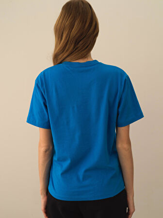 Xint Mavi Pamuk Dokulu Oversize Tişört