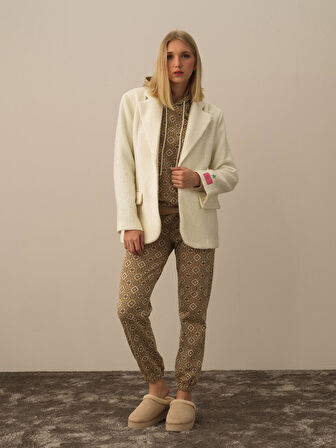 Xint Ekru Doğal Yün Dokulu Oversize Ceket