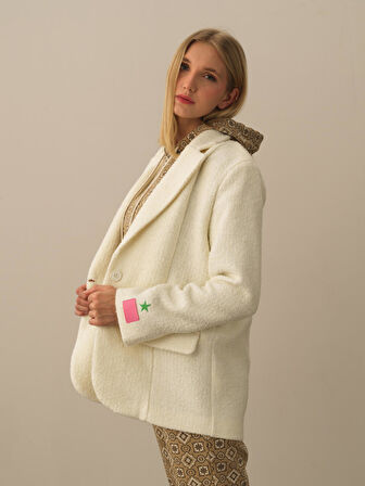 Xint Ekru Doğal Yün Dokulu Oversize Ceket
