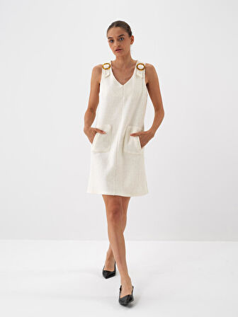 Xint Ekru Doğal Yün Dokulu Regular Fit Elbise