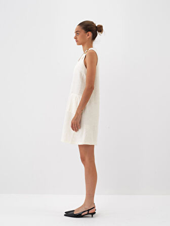 Xint Ekru Doğal Yün Dokulu Regular Fit Elbise