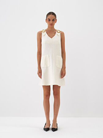 Xint Ekru Doğal Yün Dokulu Regular Fit Elbise