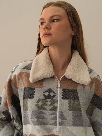 Xint Gri Pamuk Dokulu Oversize Panço