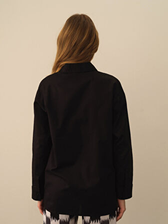 Xint Siyah Pamuk Dokulu Oversize Gömlek