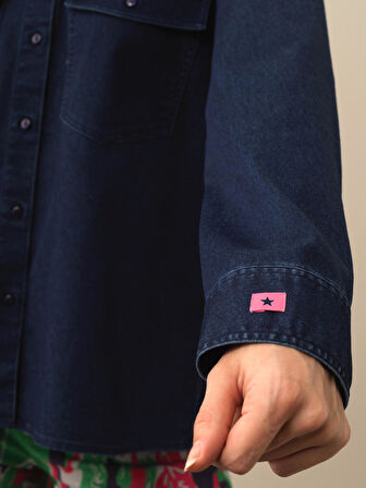 Xint Lacivert Pamuk Dokulu Oversize Gömlek