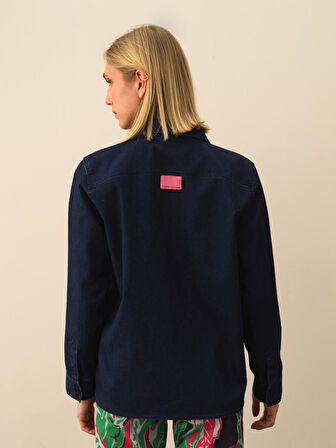 Xint Lacivert Pamuk Dokulu Oversize Gömlek