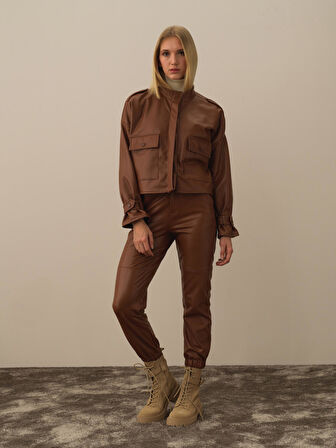 Xint Camel Deri Görünümlü Oversize Ceket