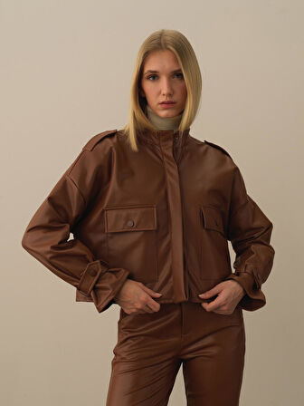 Xint Camel Deri Görünümlü Oversize Ceket