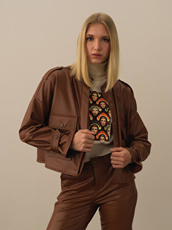 Xint Camel Deri Görünümlü Oversize Ceket