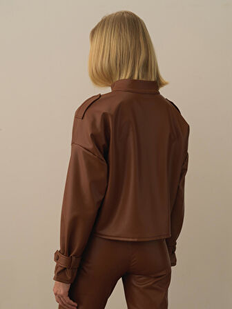 Xint Camel Deri Görünümlü Oversize Ceket