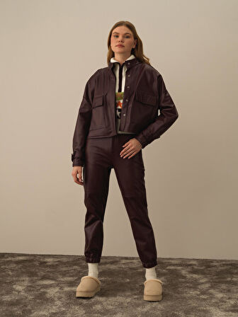 Xint Bordo Deri Görünümlü Oversize Ceket