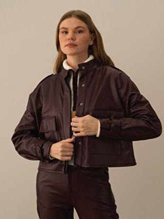 Xint Bordo Deri Görünümlü Oversize Ceket